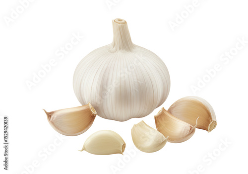 Fresh garlic bulb with cloves scattered around, showcasing natural texture and color