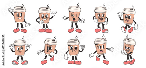 Set of animated coffee cup characters showing different facial expressions and poses, cartoon style on white background. Concept of emotions. Vector illustration