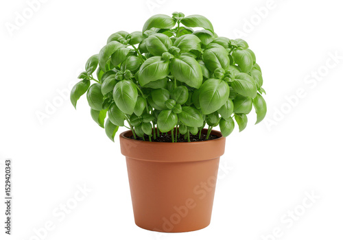 Lush basil plant in a terracotta pot, showcasing vibrant green leaves against a clean background