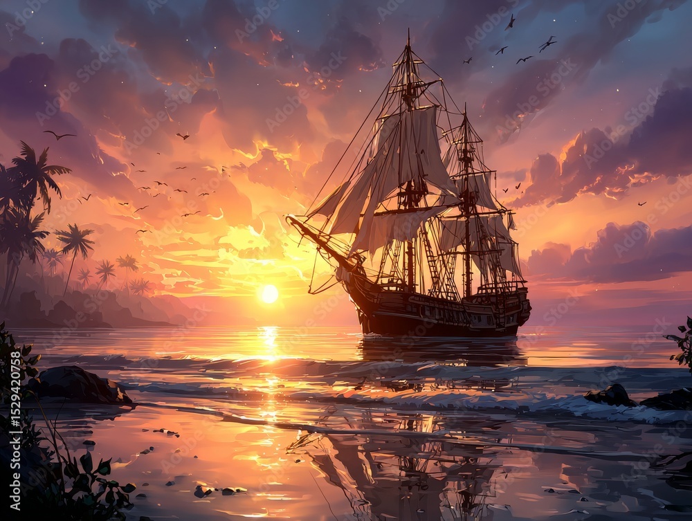 Fototapeta premium A large pirate ship sailing on calm waters with a fiery sunset background