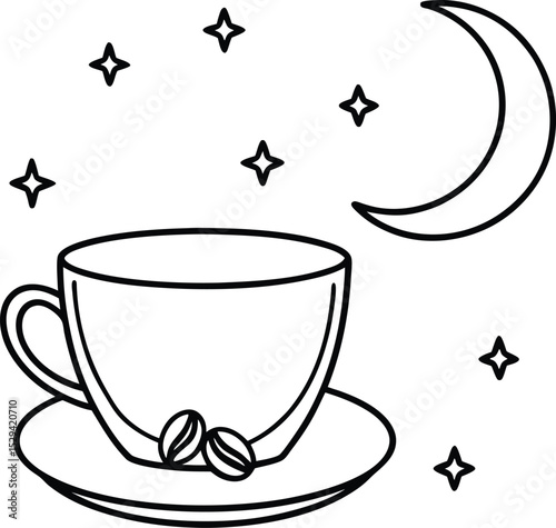 Ramadan Coffee Cup with Crescent and Beans vector Line art illustration