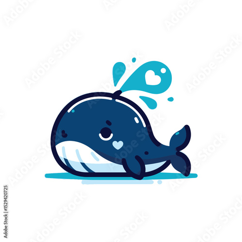 Cute cartoon whale splashing water with heart shapes