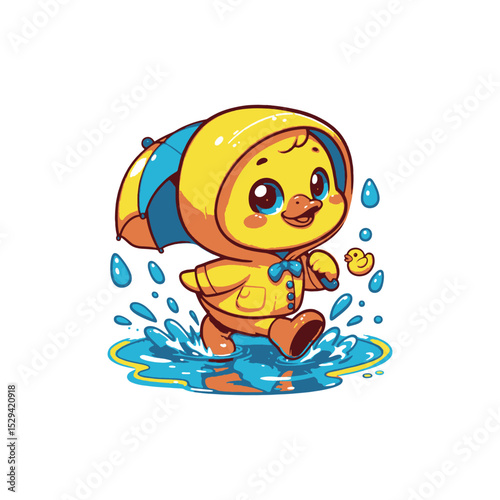 Cute character in raincoat splashing through puddles