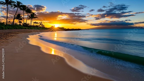 Stunning sunset over the calm beach in Maui with reflecting waves and palm trees