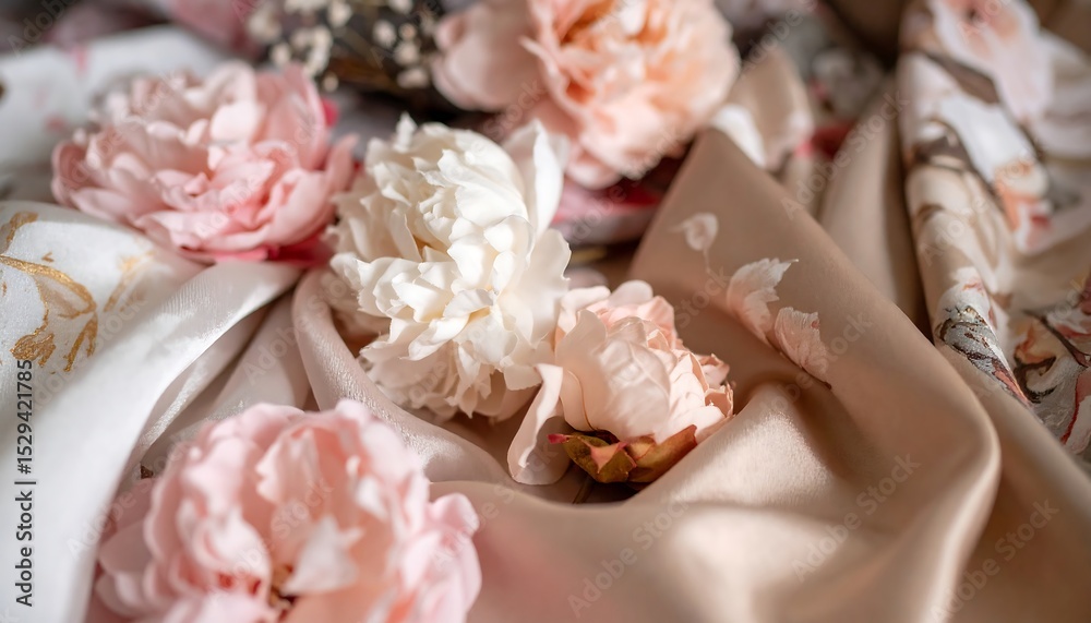 Peach  White Peonies on Silk.