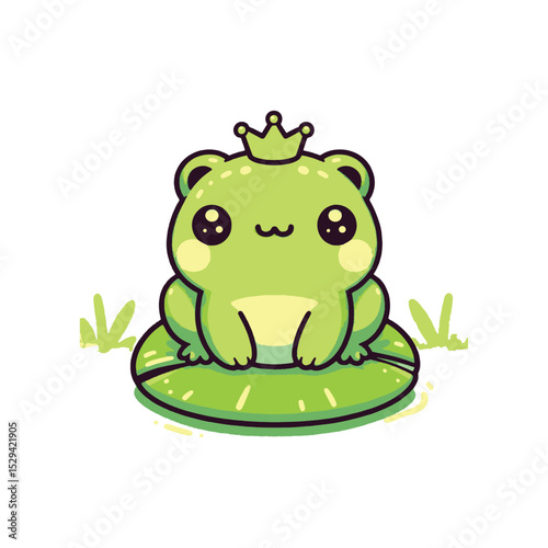 Cute frog with a crown sitting on a lily pad