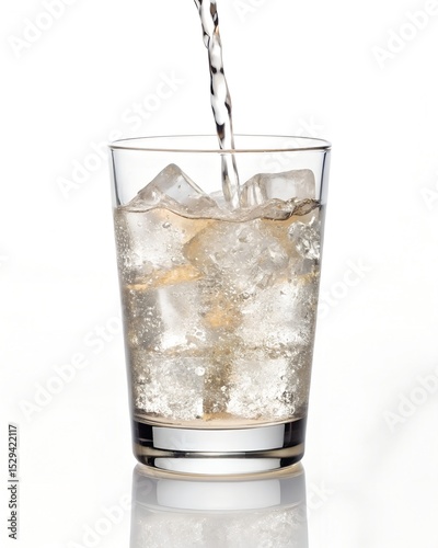 Refreshing beverage pouring over ice cubes in a glass high-quality isolated on white background