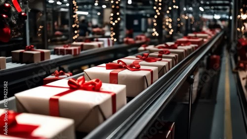 modern conveyor belt with christmas gifts 