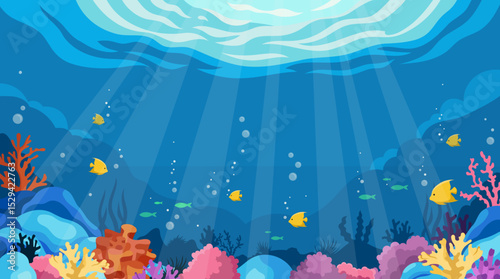 Bright coral reef with fish, flat graphic style, underwater ocean background. Concept of marine wildlife and sea life. Vector illustration