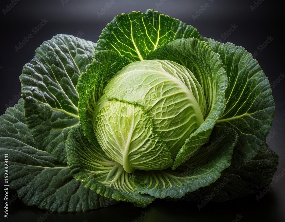 Obraz premium a vibrant green cabbage sits gracefully against a dark surface highlighting its intricate leaf patterns and natural freshness perfect for culinary and health themes