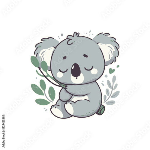 Cute koala hugging a branch with leaves, peaceful scene