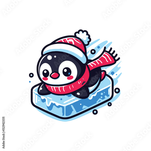 Cute penguin sliding on ice in winter attire