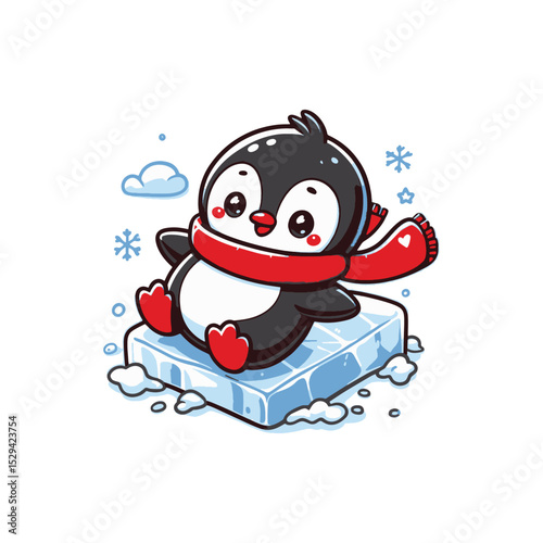 Cute penguin sliding on ice with a snowy background