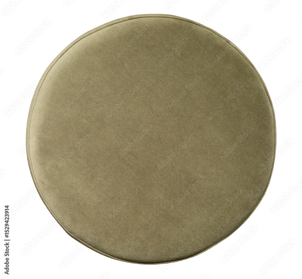 This soft green pouf is placed on transparent background, showcasing its round shape and smooth texture, ideal for adding comfort to any living space or decor style. Top view, cut out seating point. This soft green pouf is placed on transparent background, showcasing its round shape and smooth texture, ideal for adding comfort to any living space or decor style. Top view, cut out seating point.