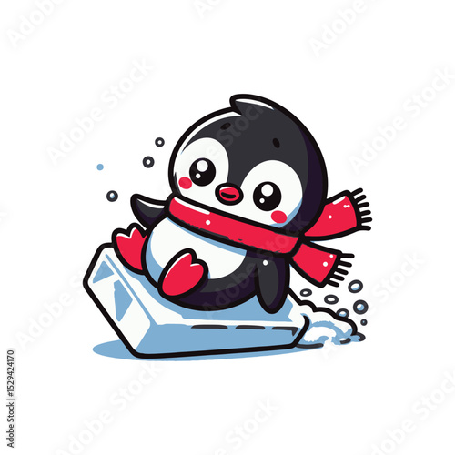 Cute penguin sliding on ice with winter scenery