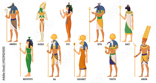 Various ancient Egyptian gods and goddesses in colorful traditional outfits, depicted in flat graphic style on a white background. Concept of mythology. Vector illustration