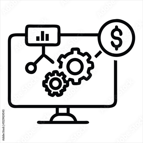Computer screen showing gears data and dollar sign isolated on white background
