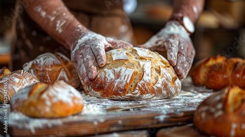 An artisan baker lovingly handles fresh dough, illustrating the skill and dedication involved in creating homemade bread with passion and care.