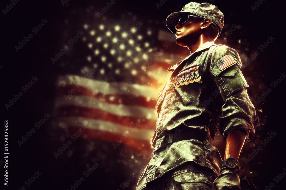 Fototapeta premium a soldier in uniform with the American flag in the background