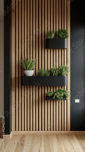 Wooden wall with planter shelves