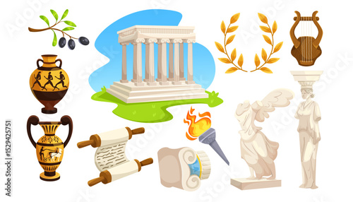 Set of ancient Greek cultural elements with statues, temple, vases, and scrolls on white background. Concept of classical civilization. Vector illustration