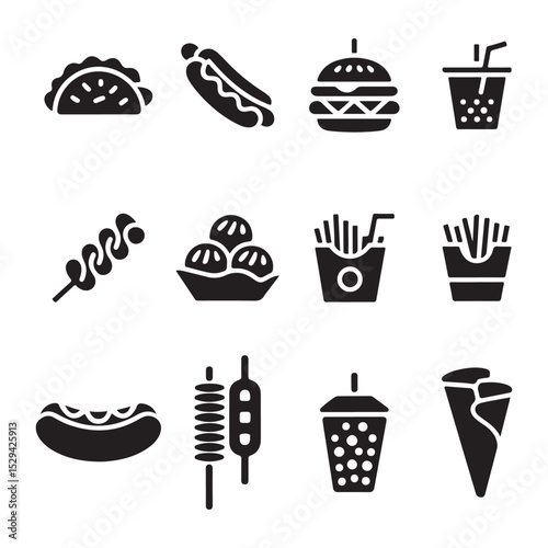 A collection of nine simple, black silhouette icons depicting various cooking stages and utensils vector art on white