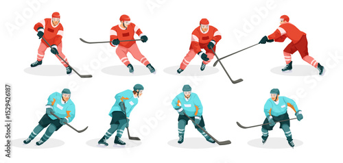 Eight male hockey players in red and blue uniforms playing on ice, flat cartoon style on white background. Concept of hockey sport team. Vector illustration