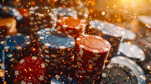 A vibrant display of colorful casino chips piled up on a gaming table, illustrating the thrill and excitement of betting and games within a casino atmosphere.