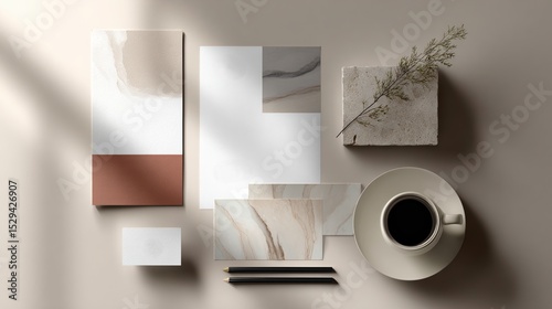 A minimalistic, flat-lay composition featuring stationery mockups in earthy tones and marble textures. This image is designed as an advertising layout for business branding materials.