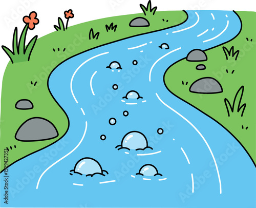 Cartoon River Flowing with Rocks and Green Plants – Nature Illustration