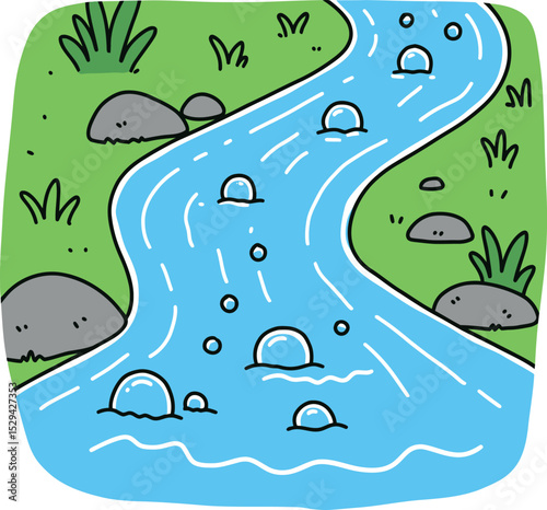 Cartoon River Flowing with Rocks and Green Plants – Nature Illustration