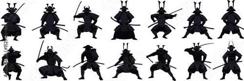 Vector silhouettes of samurai warriors in different poses, traditional Japanese samurai armor, sword fighting, martial arts, battle, strength, action, silhouettes collection for illustration