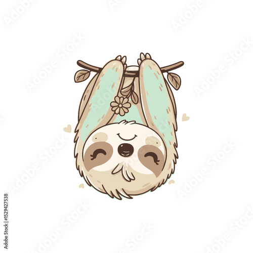 Cute sloth hanging from a branch with flowers