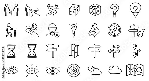 Uncertainty Outline Icons with Compass, Dice, Fog, and Crossroads