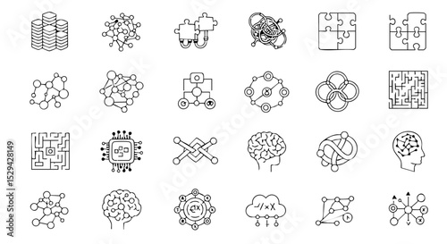 Complexity Outline Icon Set with Gears, Maze, Network, Puzzle