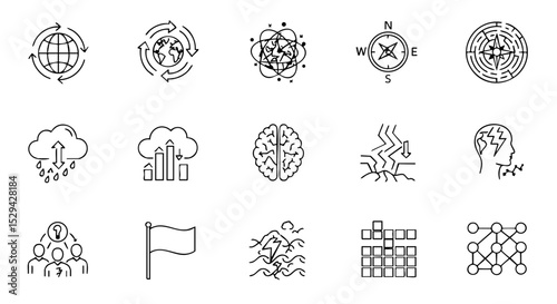 VUCA World Outline Icons with Globe, Chaos, Data, Risk, Ambiguity
