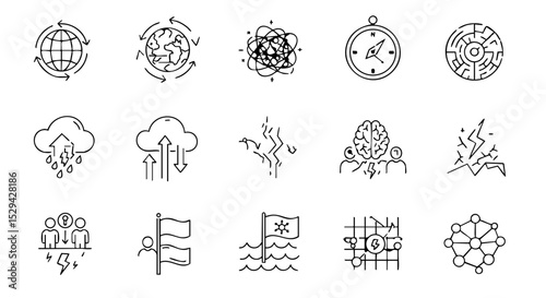 VUCA World Outline Icons with Globe, Chaos, Data, Risk, Ambiguity