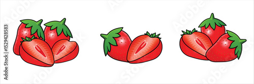 Fresh red strawberries illustration with green leaves, juicy texture, and sliced halves.