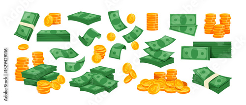 Collection of gold coins and green banknotes in different stacks and piles, cartoon style, isolated on white background. Concept of wealth. Vector illustration
