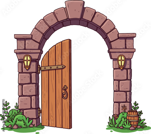 Rustic Stone Archway with Wooden Door and Garden Elements