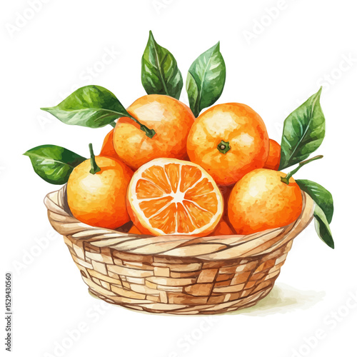 watercolor of Clementine Fruit Basket, vector high quality, isolated on a white background.