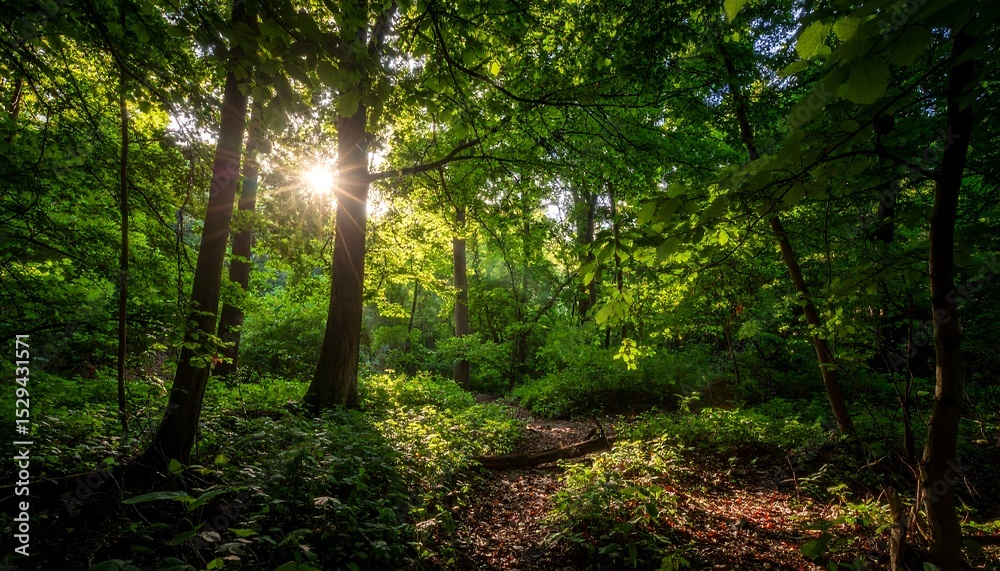 Naklejka premium Sunlit Forest Path with Lush Greenery.