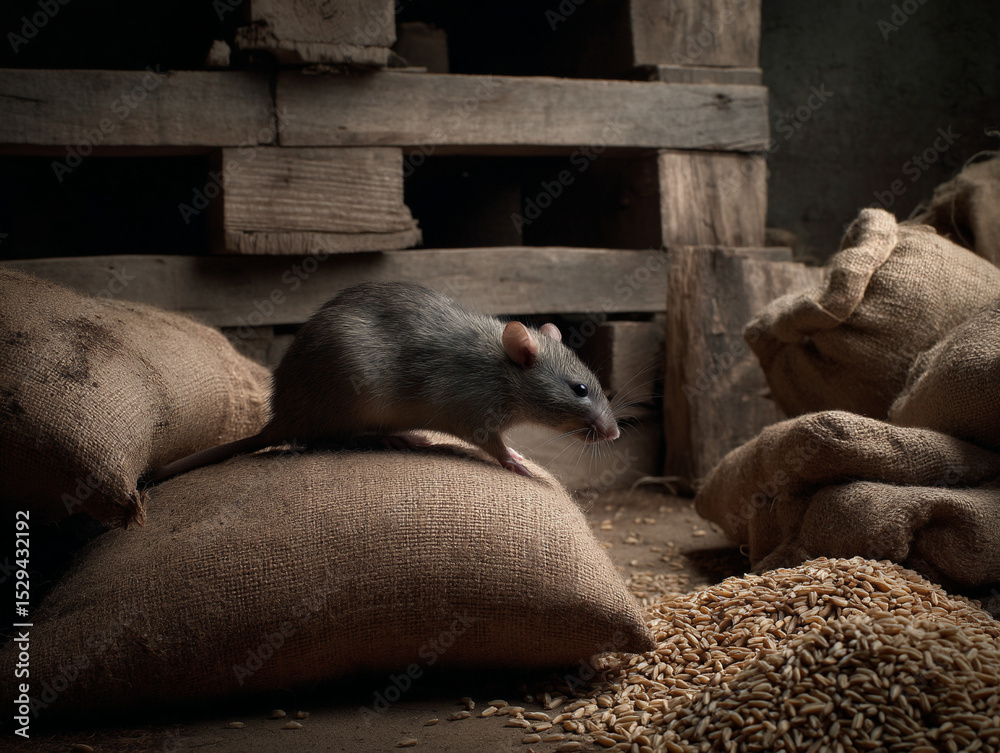 Fototapeta premium Rat eating grain in a warehouse.