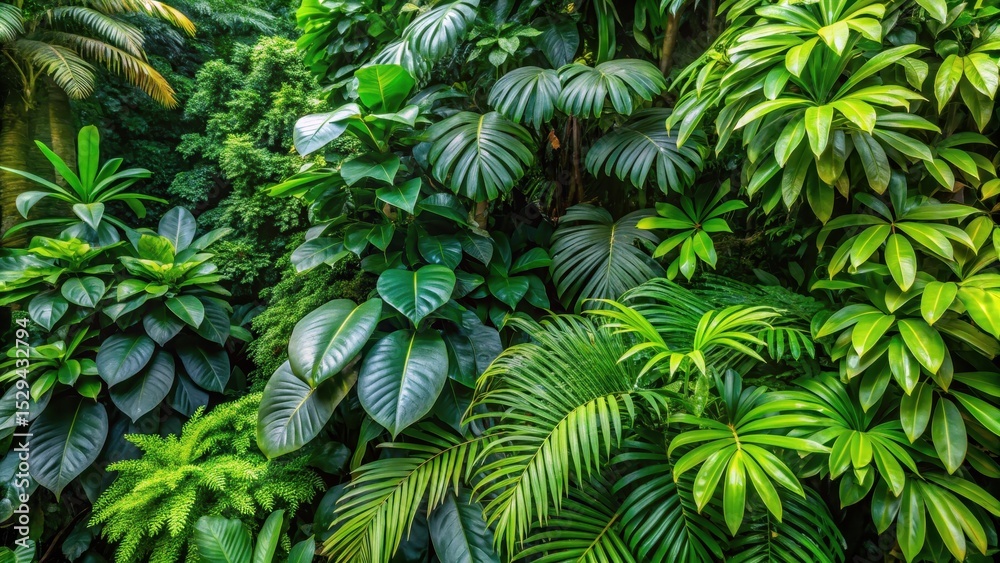 Dense foliage of tropical plants sprawling across a tree branch, bush, foliage, bush Dense foliage of tropical plants sprawling across a tree branch, bush, foliage, bush