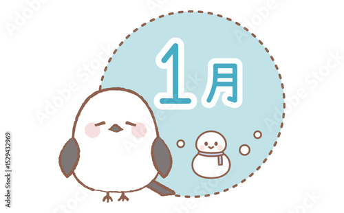 シマエナガと雪だるまの1月イラスト