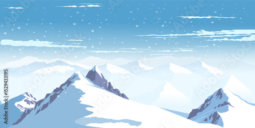 Snow-covered mountain peaks in a cartoon style with a blue sky and falling snow in the background. Concept of winter wilderness. Vector illustration