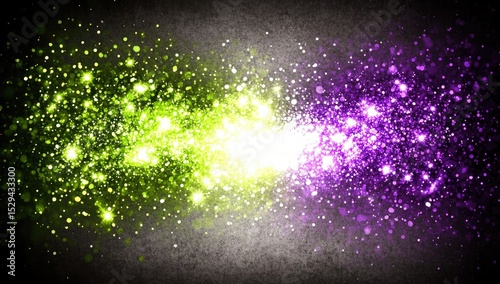 Abstract, glowing,  sparkling explosion of lime green and purple glitter on a dark background
