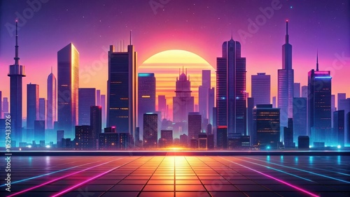 Glowing cityscape at dusk, urban nightlife, retro style,  urban nightlife, retro style