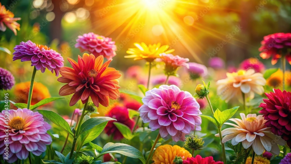 A close-up shot of vibrant flowers in a garden with sunlight filtering through leaves and stems , bloom, colorful A close-up shot of vibrant flowers in a garden with sunlight filtering through leaves and stems , bloom, colorful