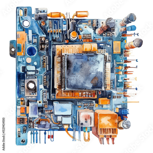 Circuit Board Technology, watercolor vector, high quality, isolated on a white background.